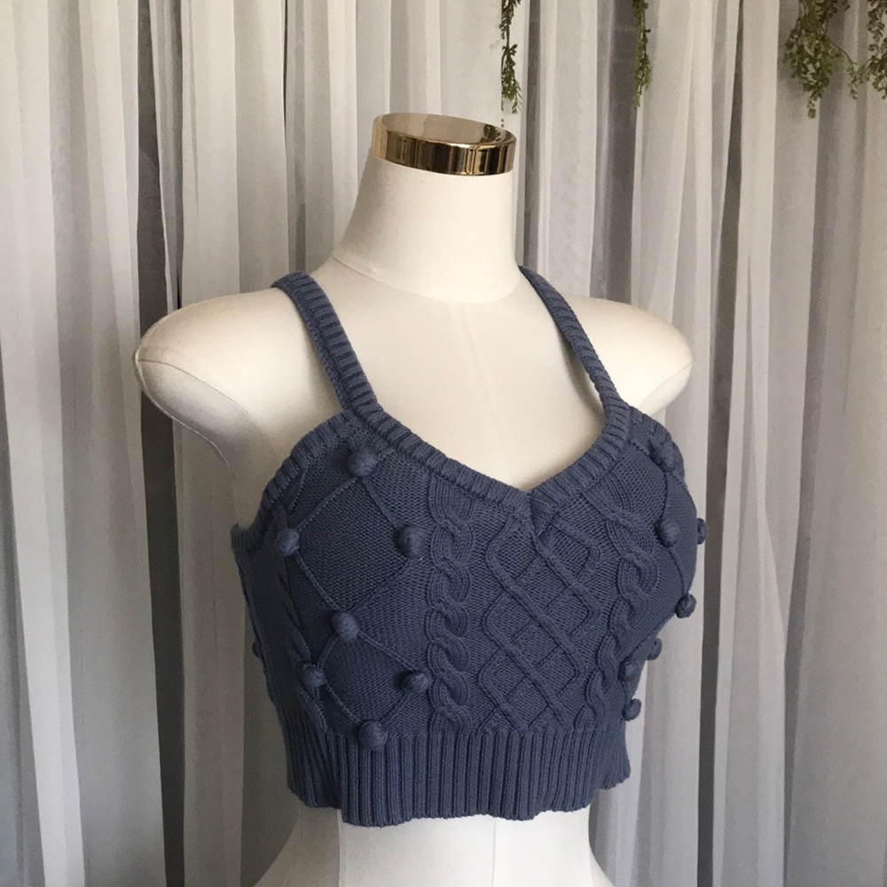 Blue Knit Pom Pom Crop Top